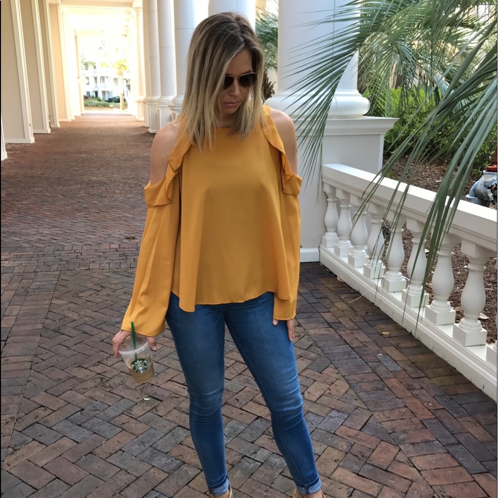 Long sleeve ruffle peek-a-boo shoulder top